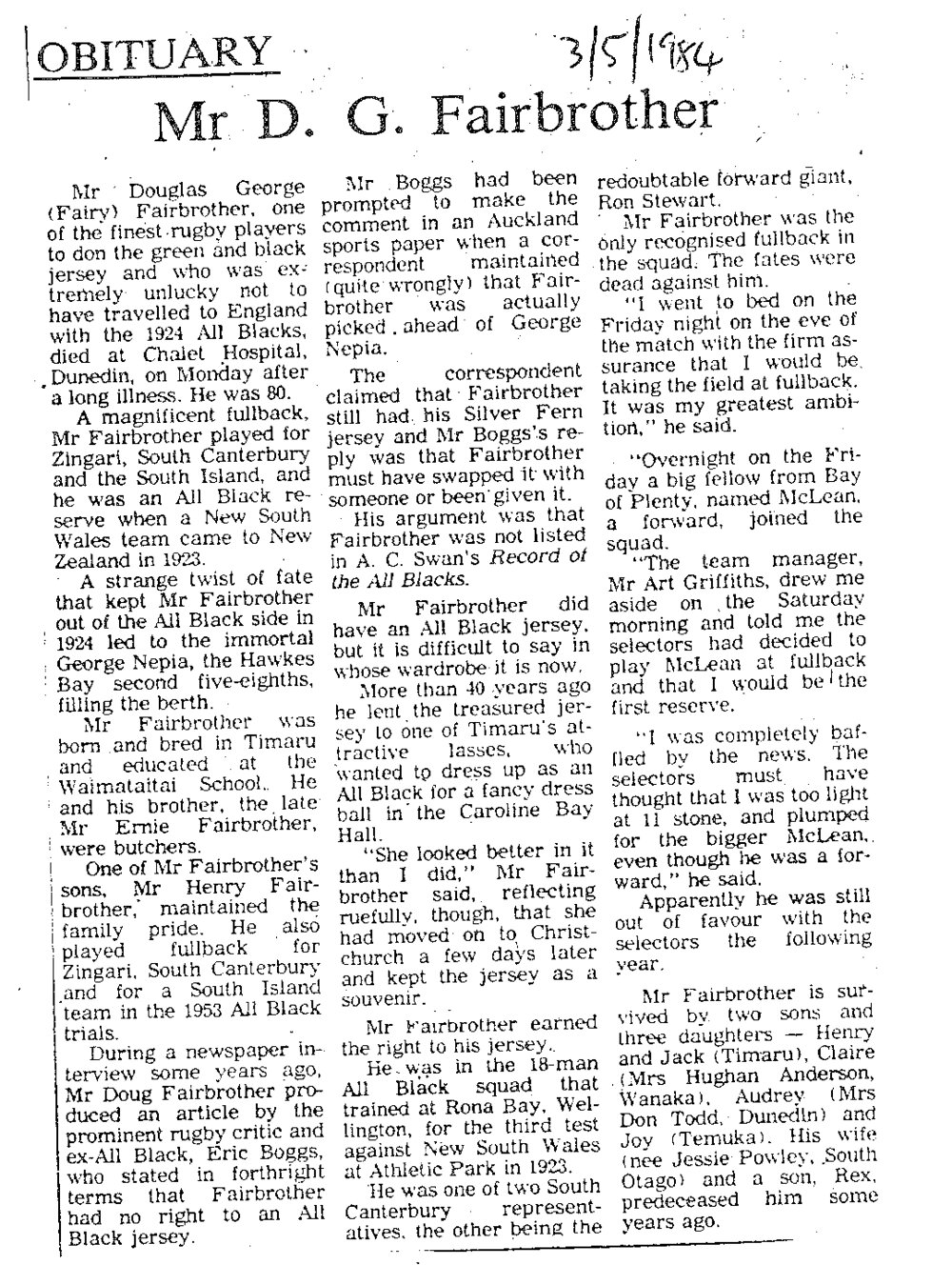 Obituary: Mr D G Fairbrother