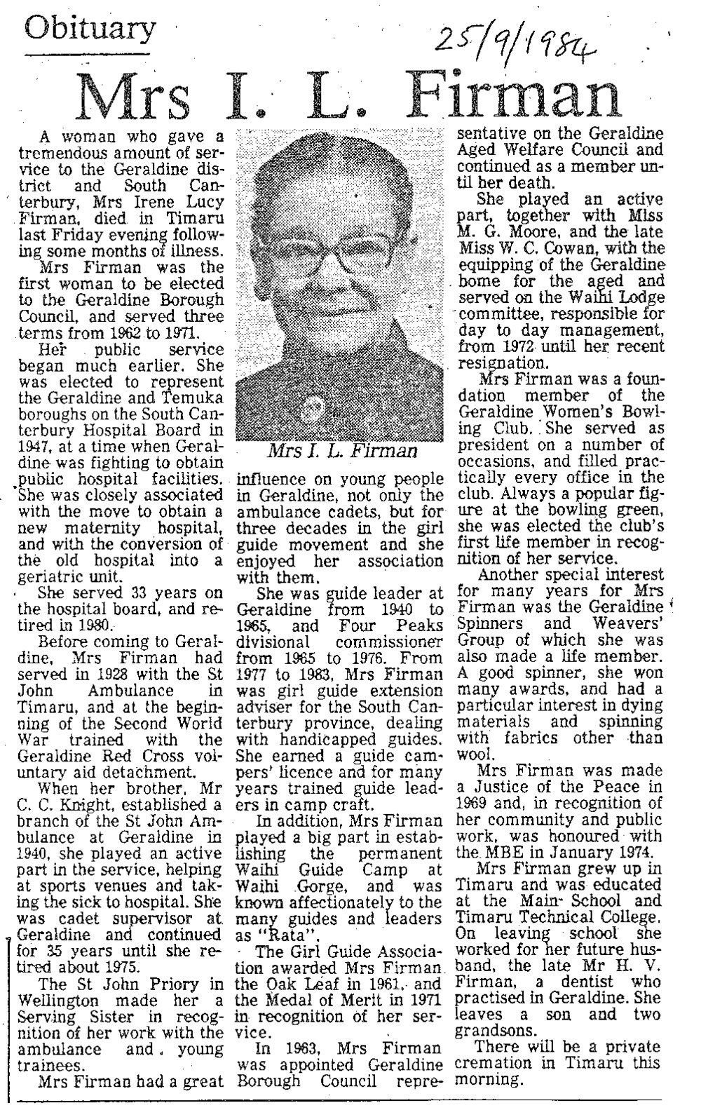 Obituary: Mrs I L Firman
