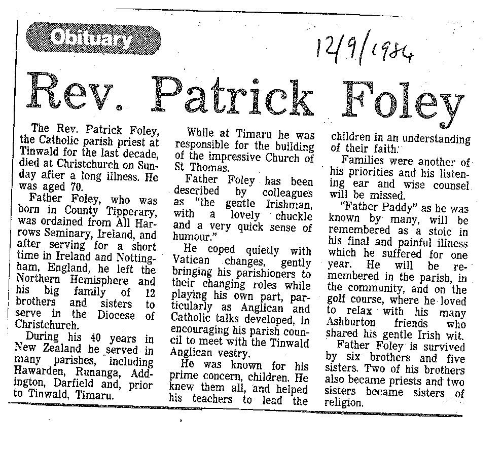 Obituary: Rev Patrick Foley