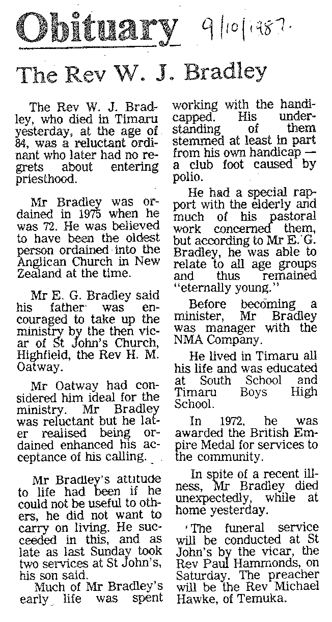Obituary: The Rev W J Bradley