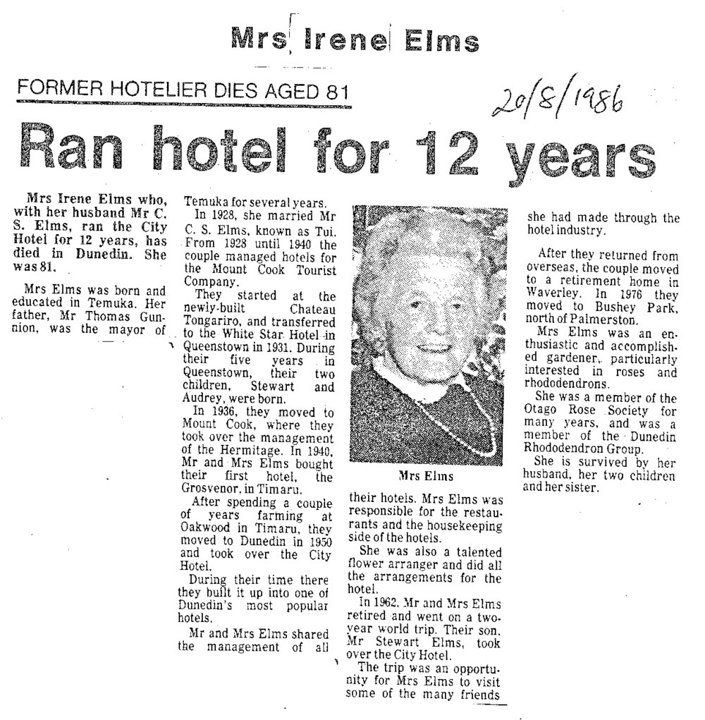 Obituary: Mrs Irene Elms, Former hotelier dies aged 81, Ran hotel for 12 years