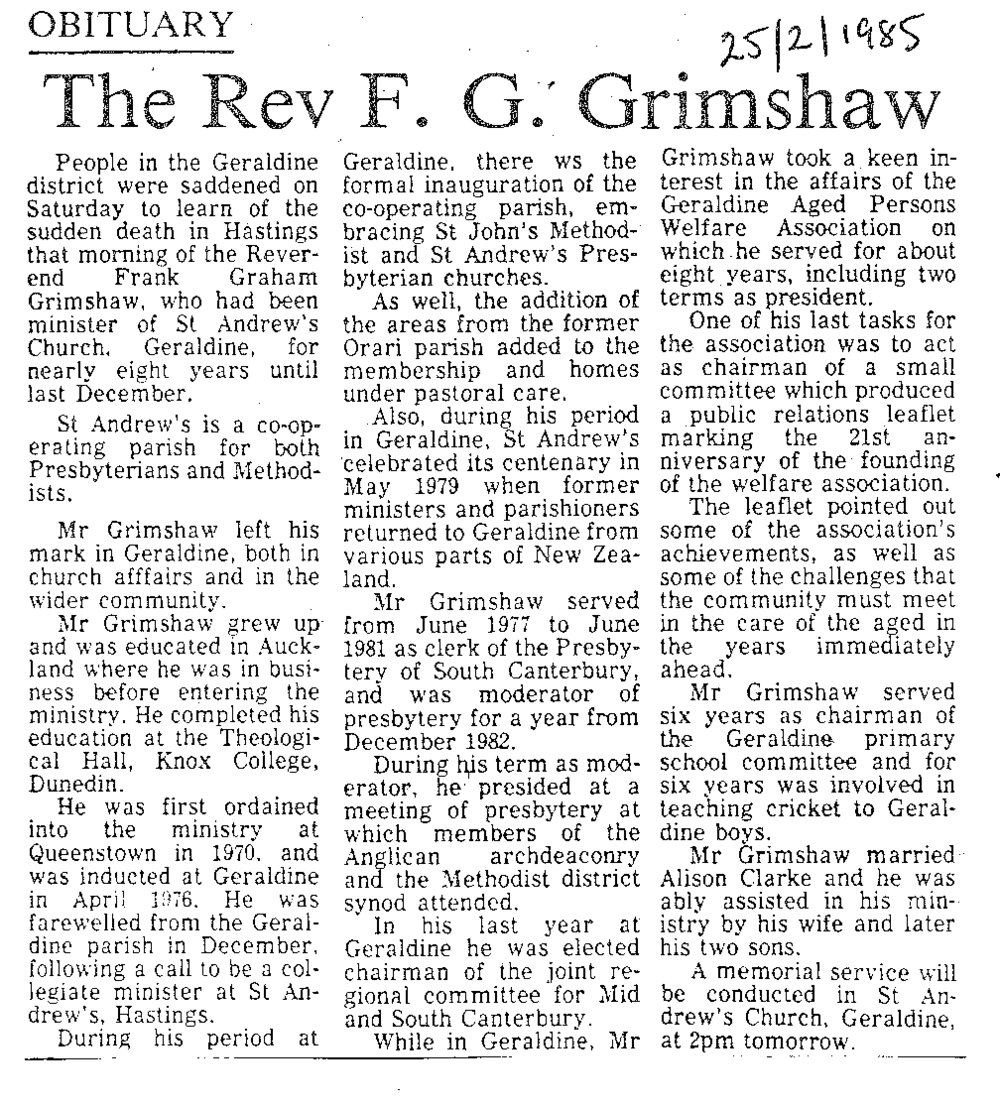 Obituary: The Rev F G Grimshaw