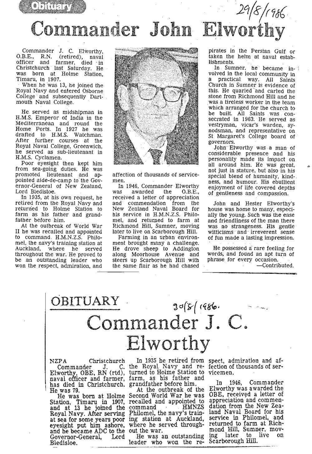 Obituary: Commander John Elworthy 