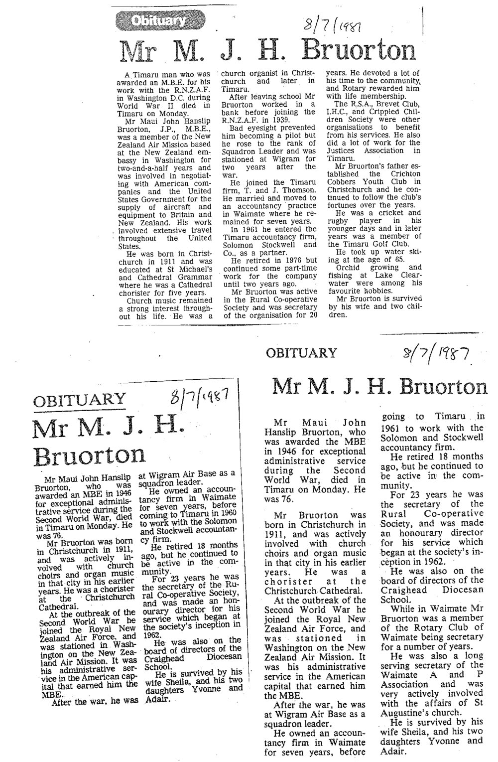 Obituary: Mr M J H Bruorton