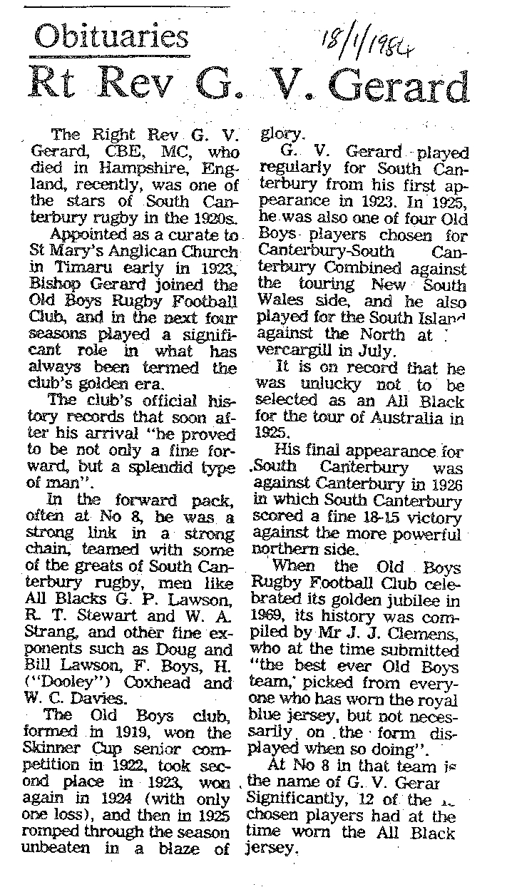 Obituary: Rt Rev G V Gerard