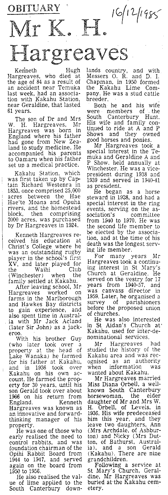 Obituary: Mr K H Hargreaves