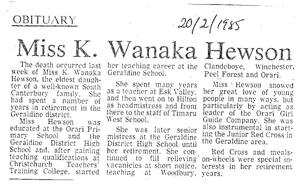 Obituary: Miss K Wanaka Hewson