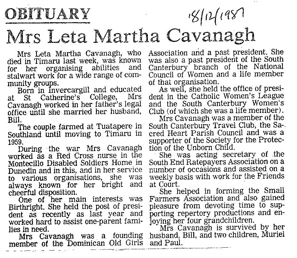 Obituary: Mrs Leta Martha Cavanagh
