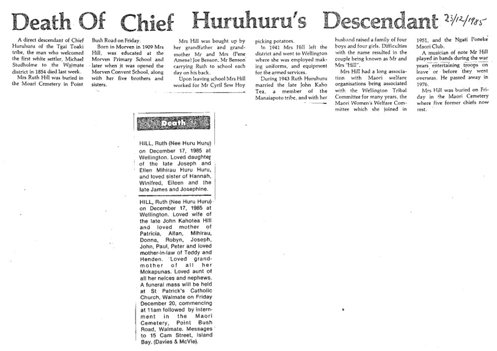 Obituary: Ruth Hill, Death Of Chief Huruhuru's Descendant