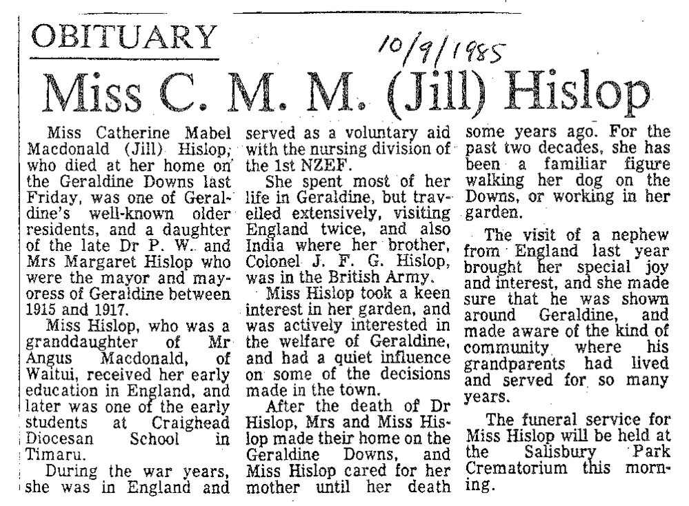 Obituary: Miss C M M (Jill) Hislop