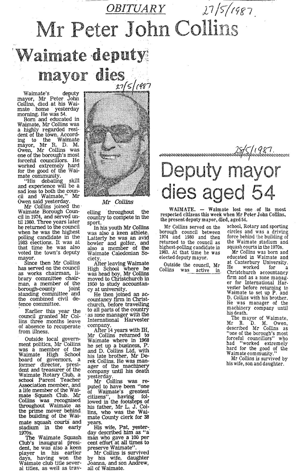 Obituary: Mr Peter John Collins, Waimate deputy major dies aged 54