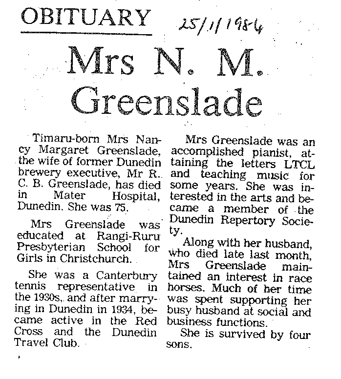 Obituary: Mrs N M Greenslade