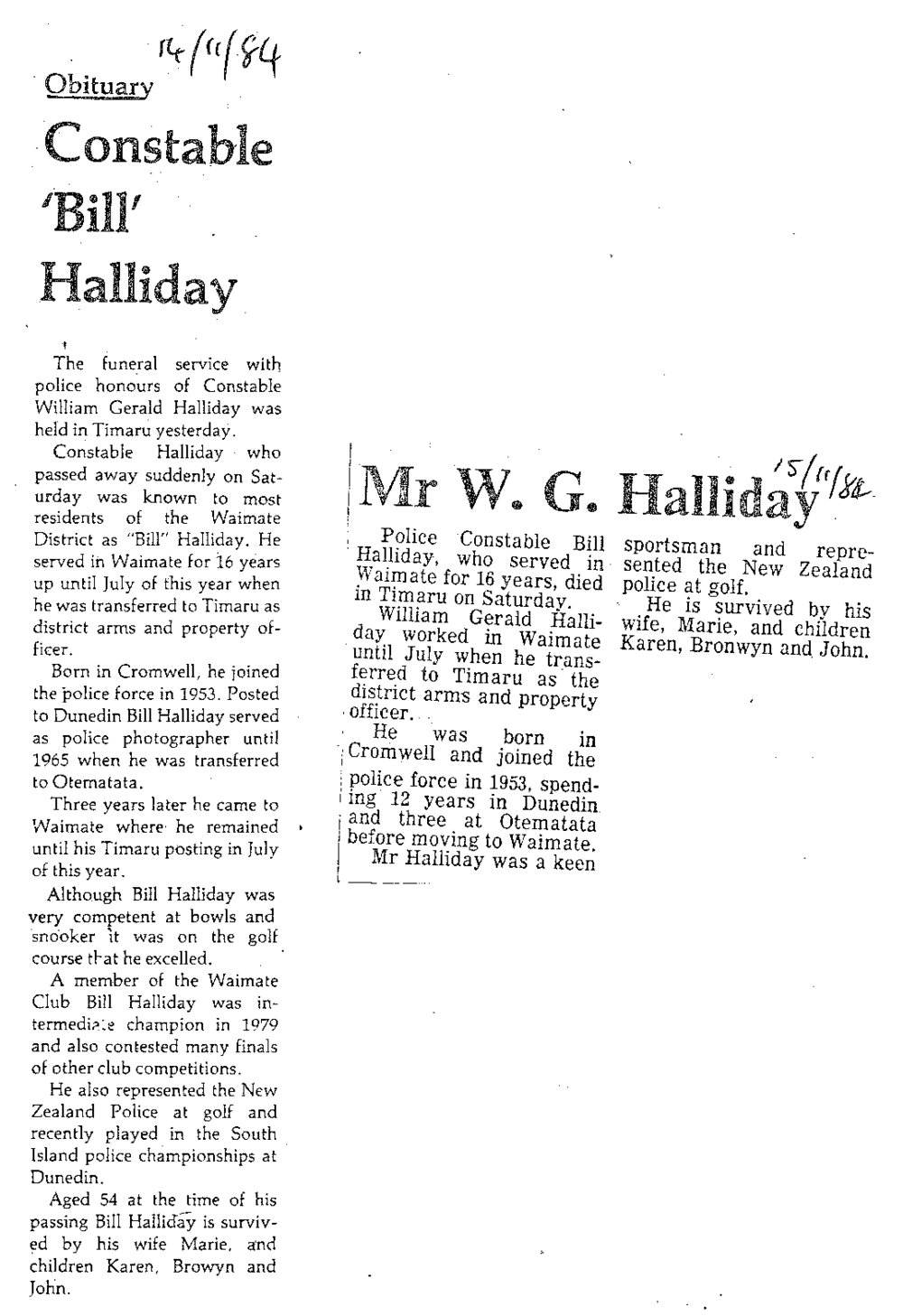 Obituary: Mr W G Halliday, Constable 'Bill' Halliday