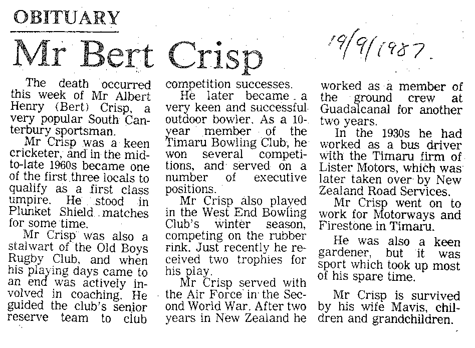 Obituary: Mr Bert Crisp