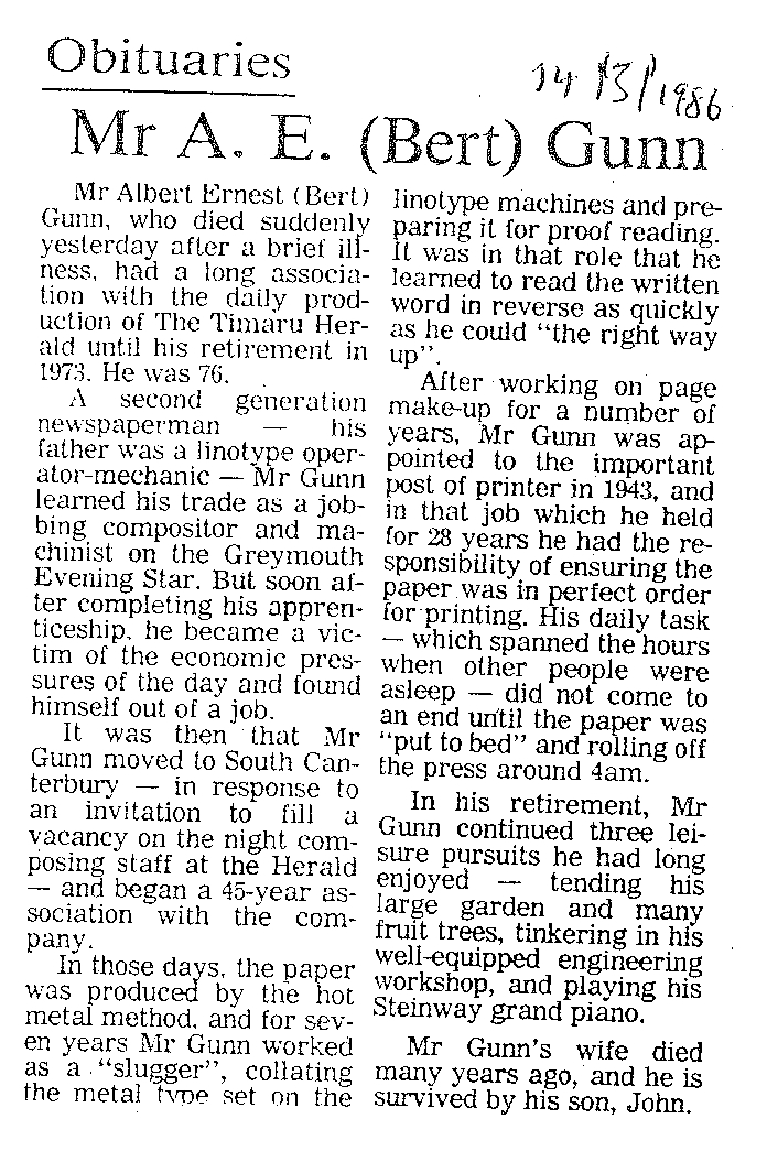 Obituary: Mr A E (Bert) Gunn