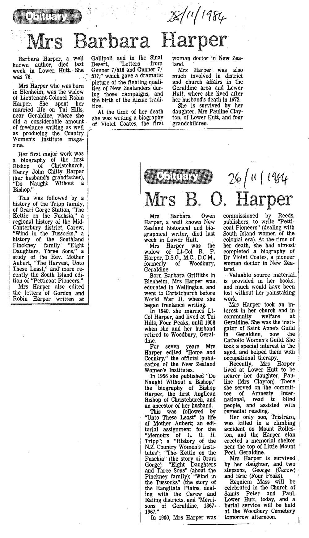 Obituary: Mrs Barbara Harper