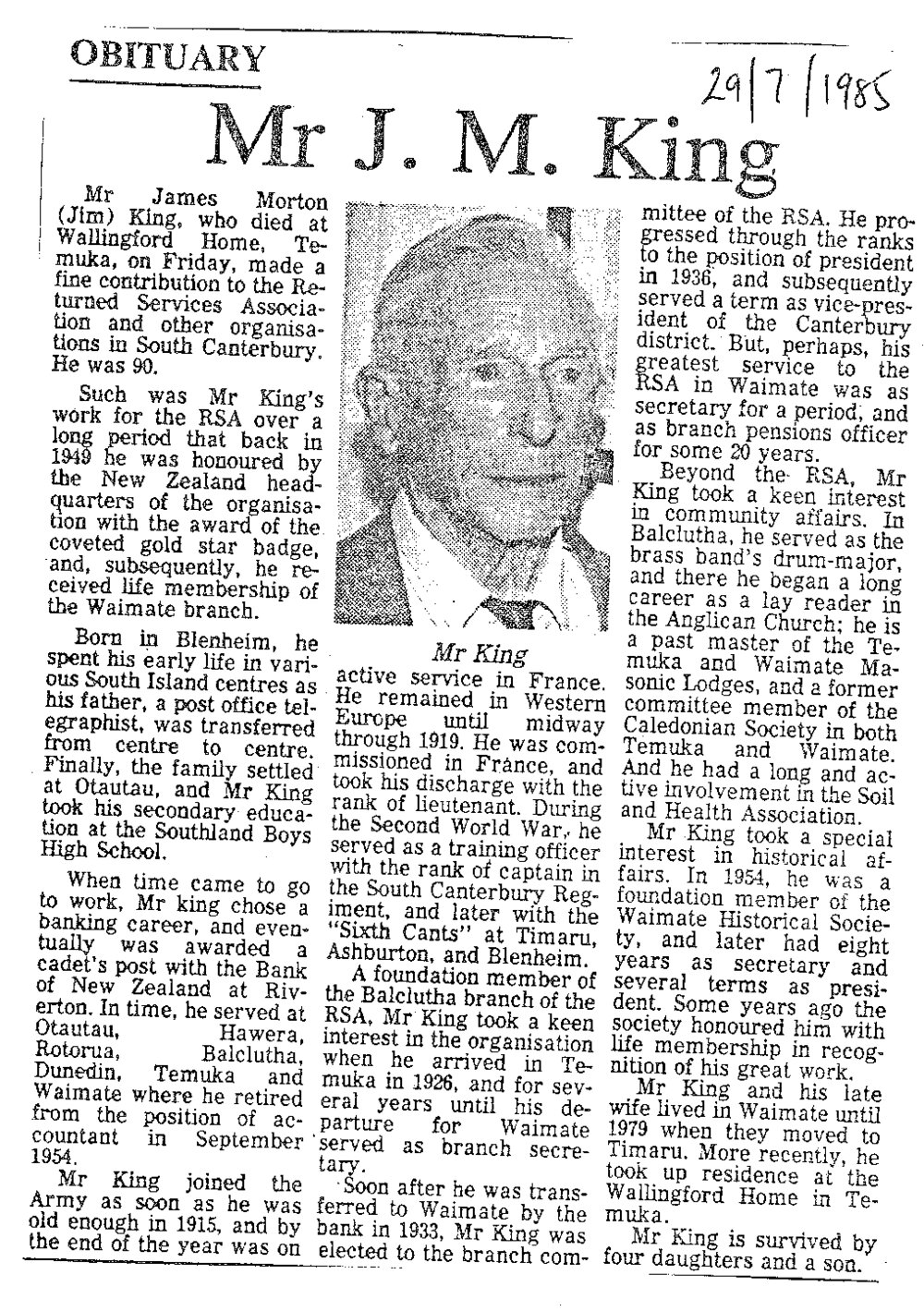 Obituary: Mr J M King