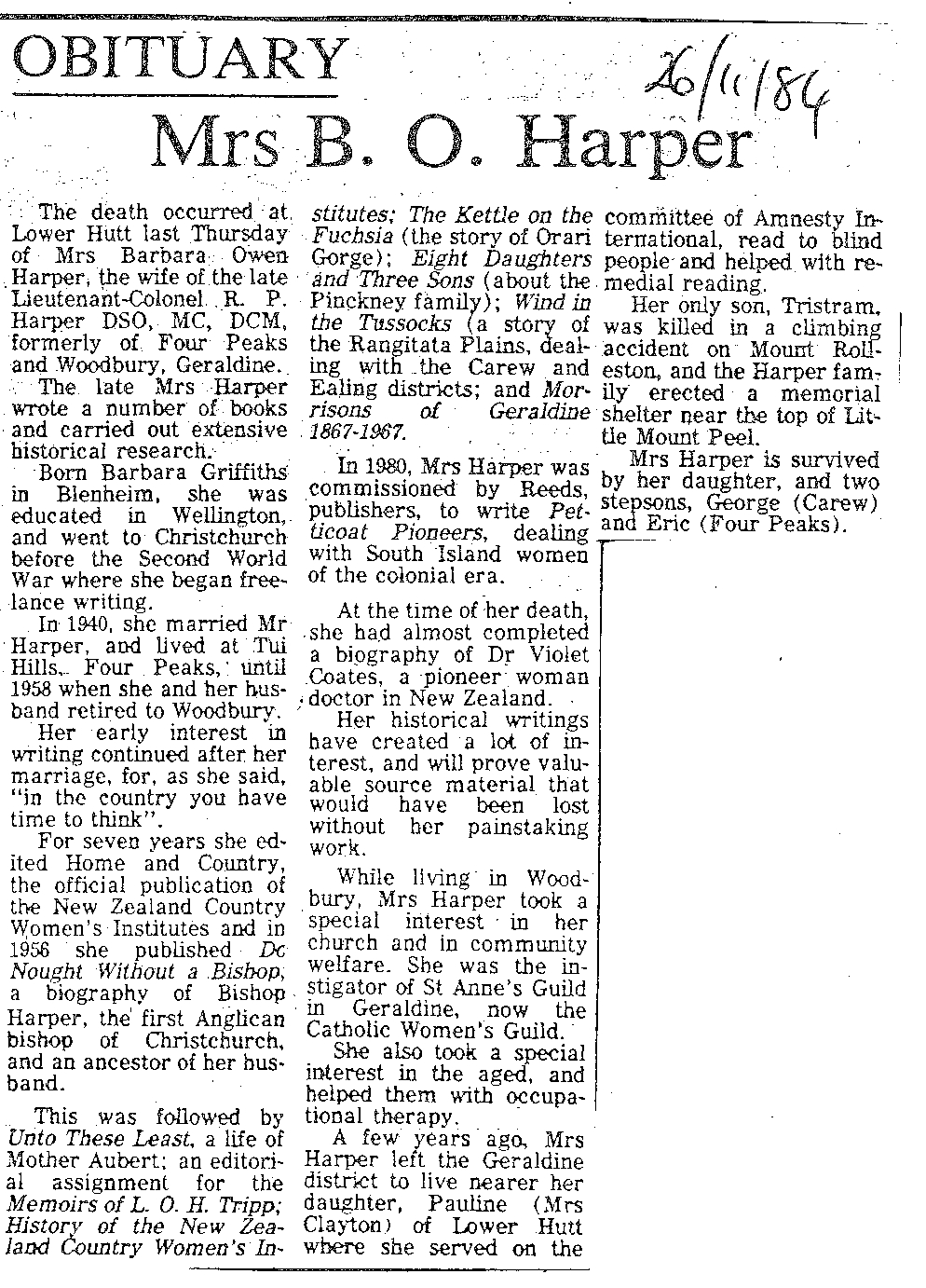 Obituary: Mrs B O Harper