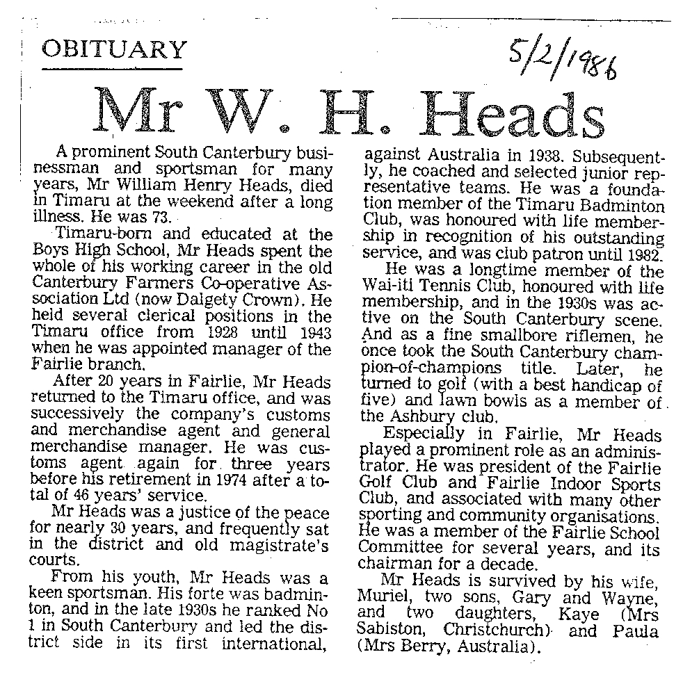 Obituary: Mr W H Heads