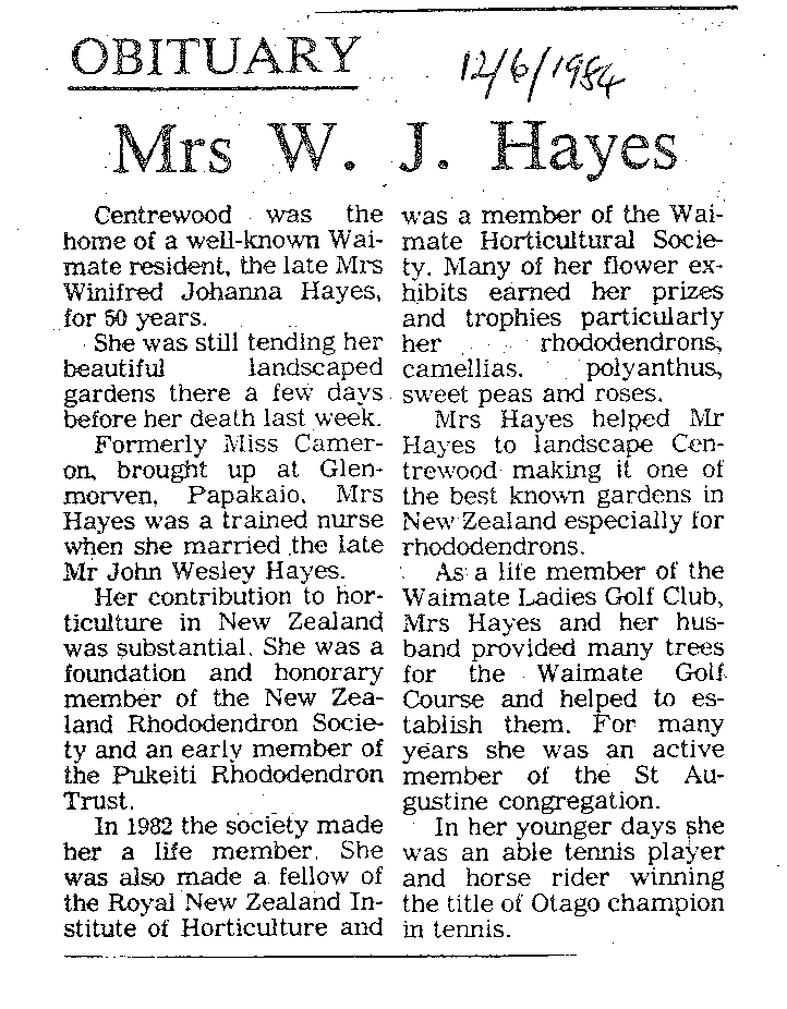 Obituary: Mrs W J Hayes