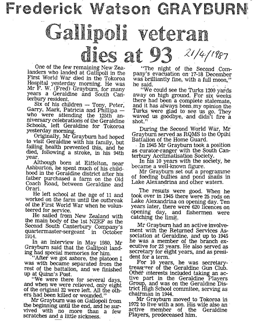 Obituary: Frederick Watson Grayburn, Gallipoli veteran dies at 93