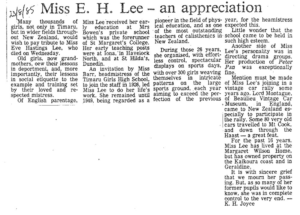 Obituary: Miss E H Lee