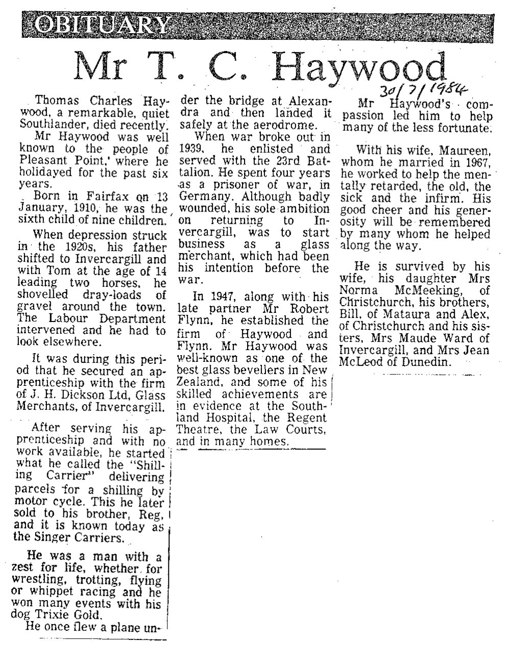 Obituary: Mr T C Haywood
