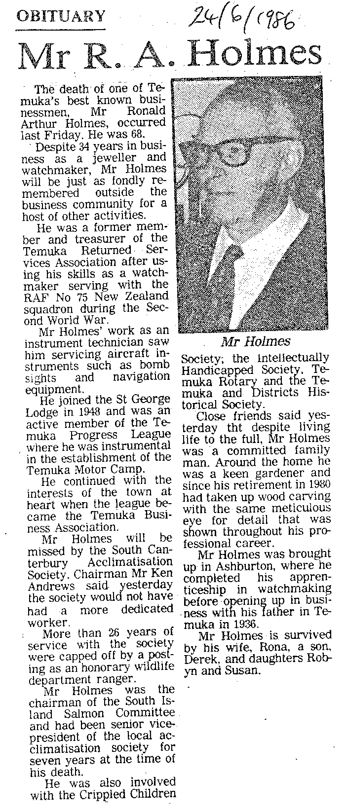 Obituary: Mr R A Holmes
