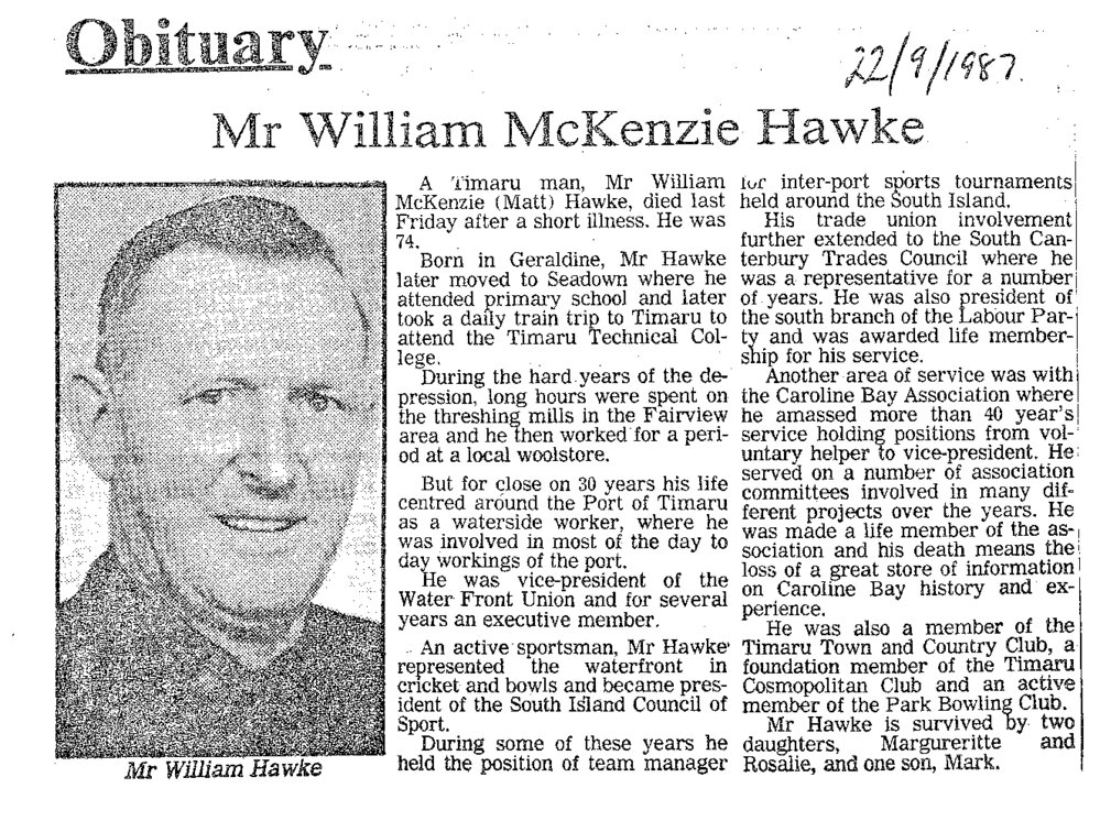 Obituary: Mr William McKenzie Hawke