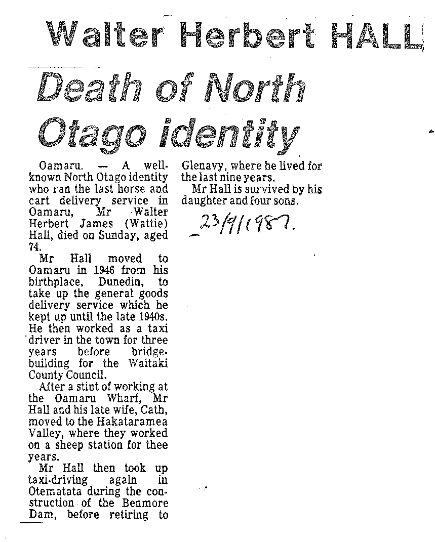 Obituary: Walter Herbert Hall, Death of North Otago identity