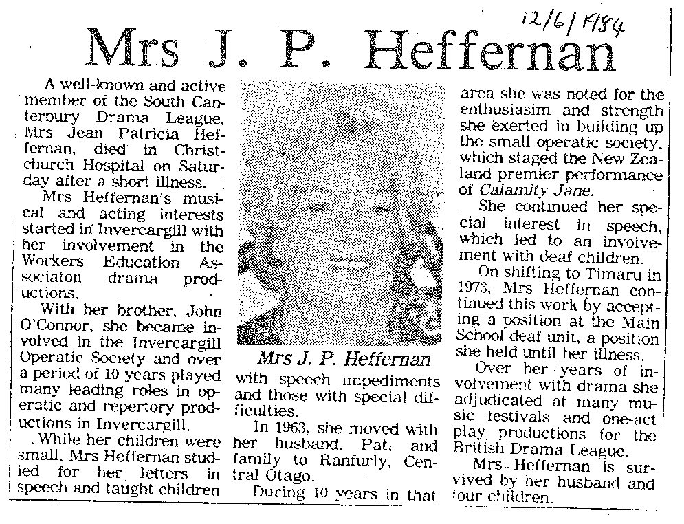 Obituary: Mrs J P Heffernan