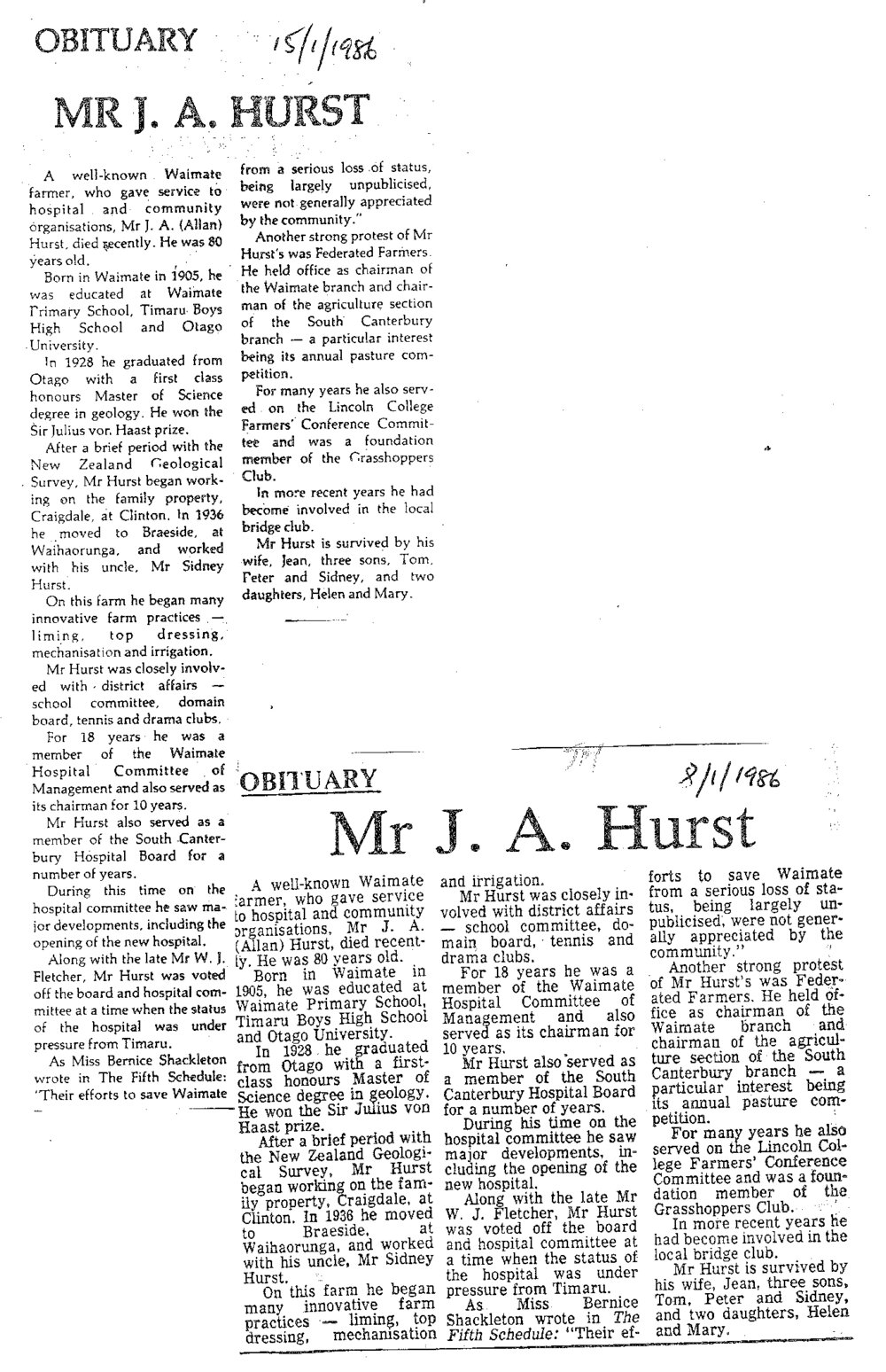 Obituary: Mr J A Hurst