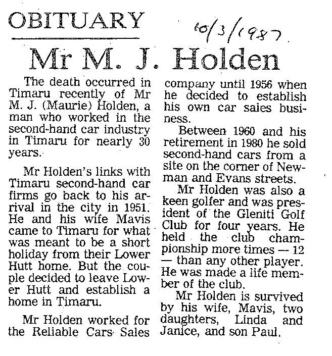 Obituary: Mr M J Holden