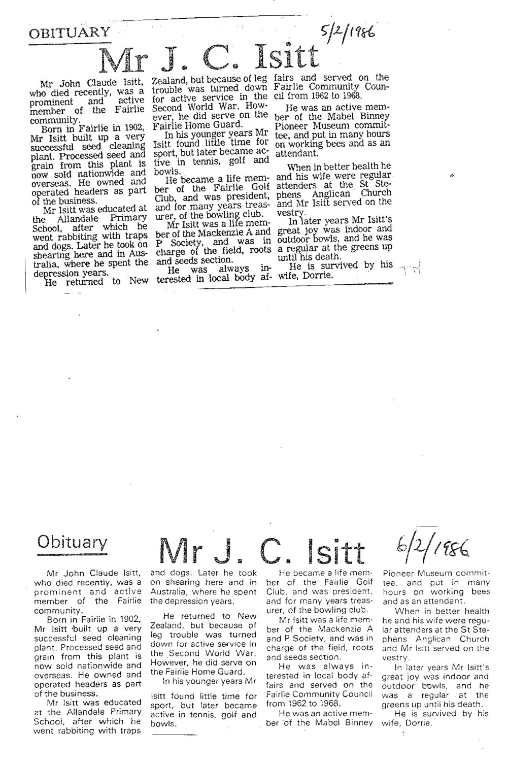 Obituary: Mr J C Isitt