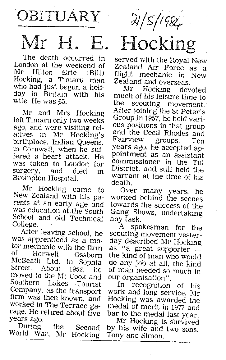 Obituary: Mr H E Hocking