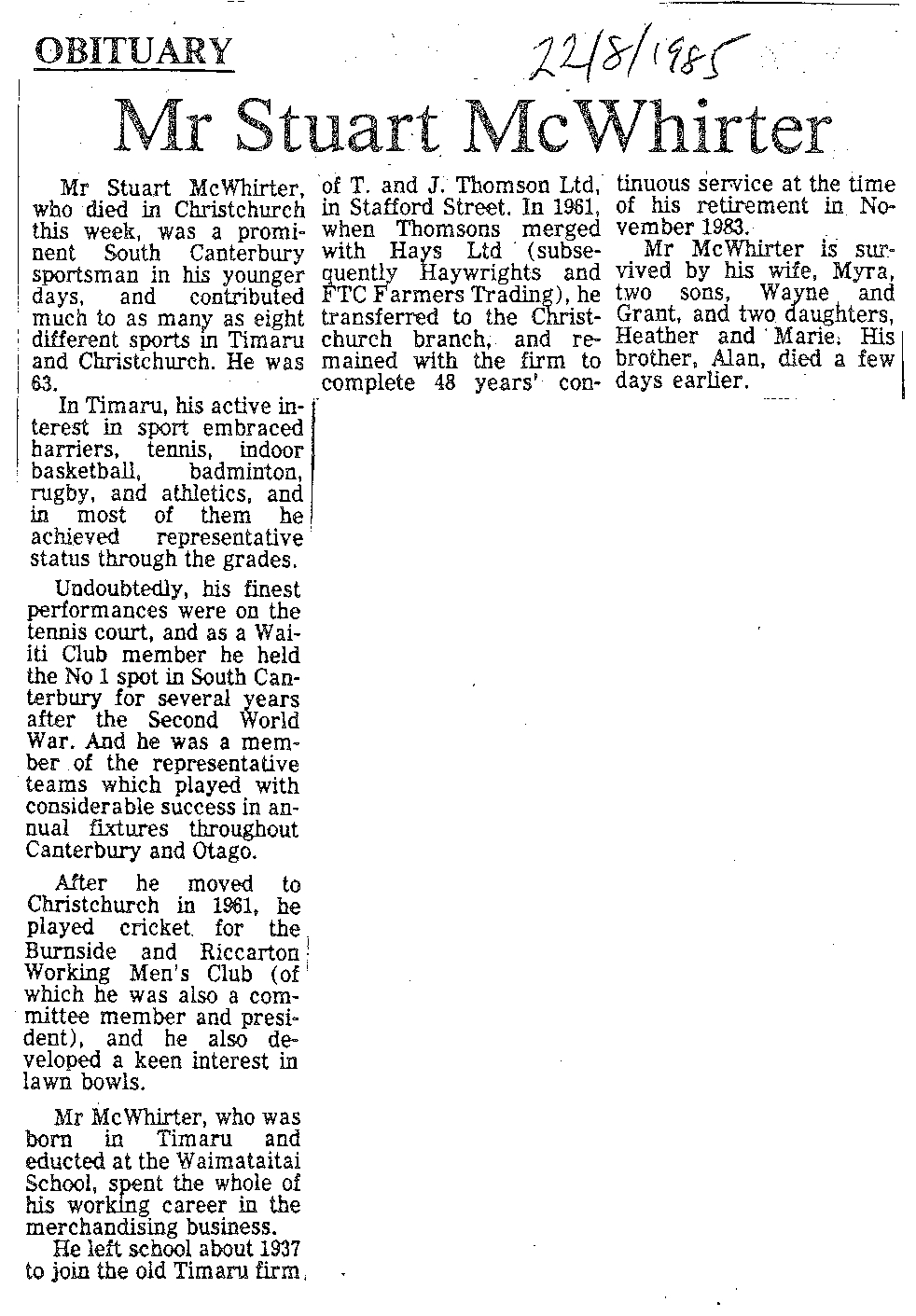 Obituary: Mr Stuart McWhirter