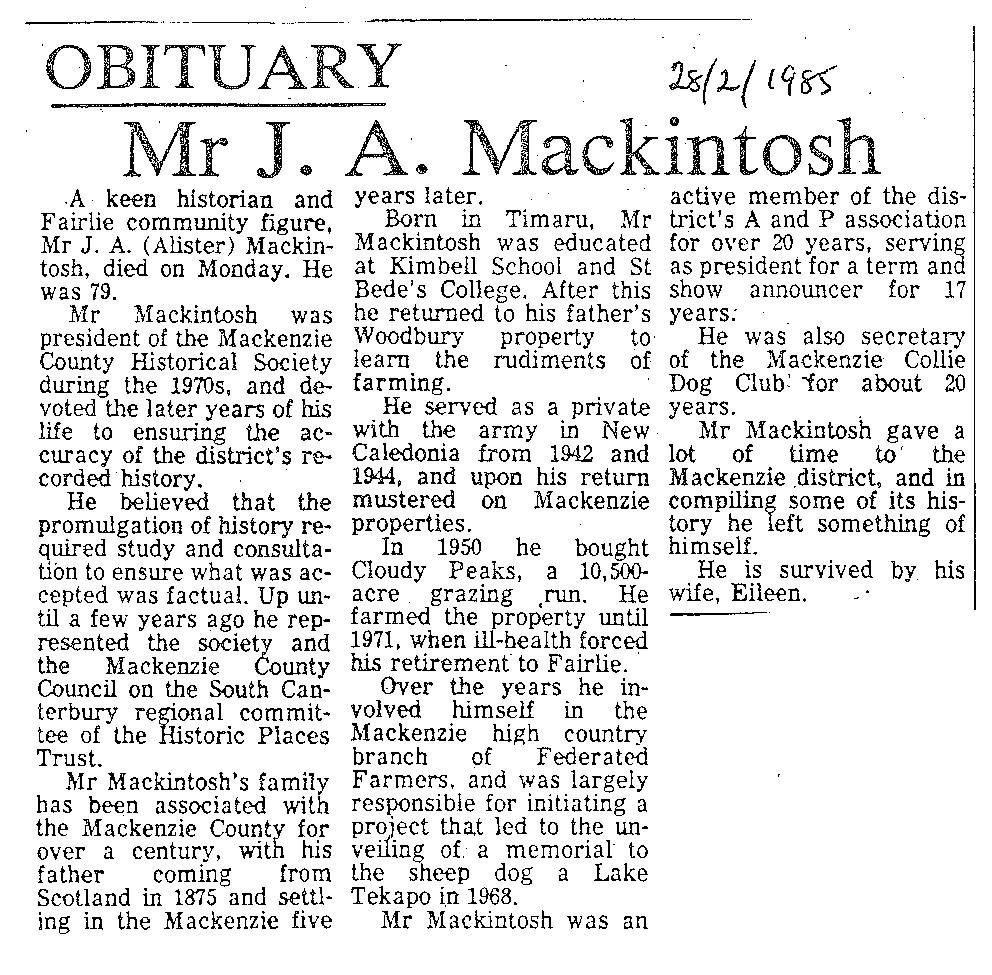 Obituary: Mr J A Mackintosh