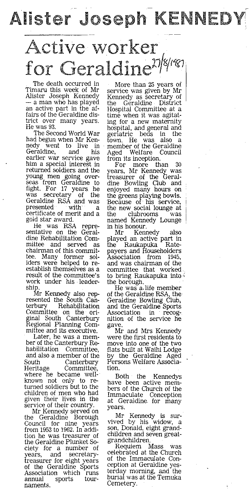 Obituary: Alister Joseph Kennedy, Active worker for Geraldine