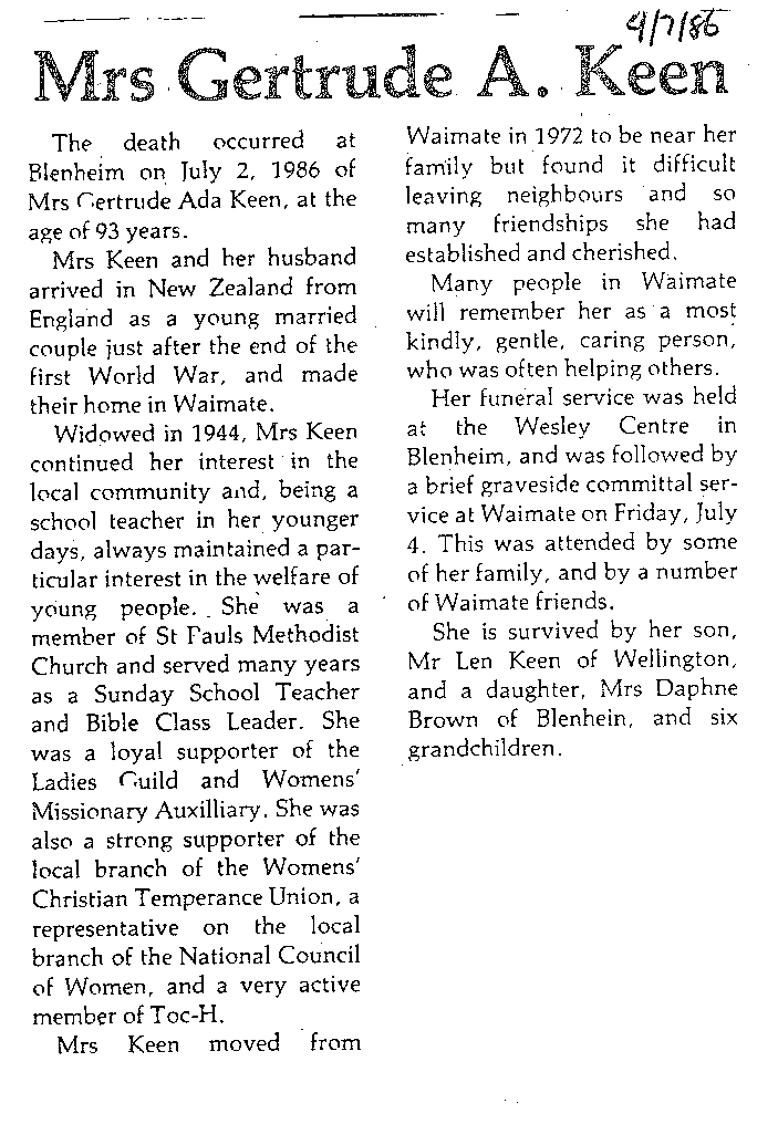 Obituary: Mrs Gertrude A Keen