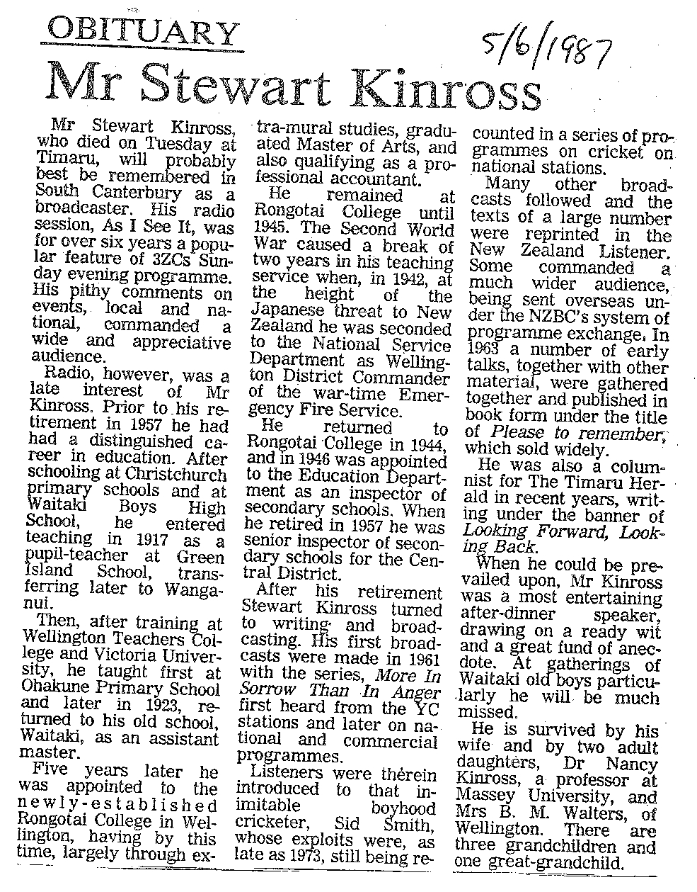 Obituary: Mr Stewart Kinross