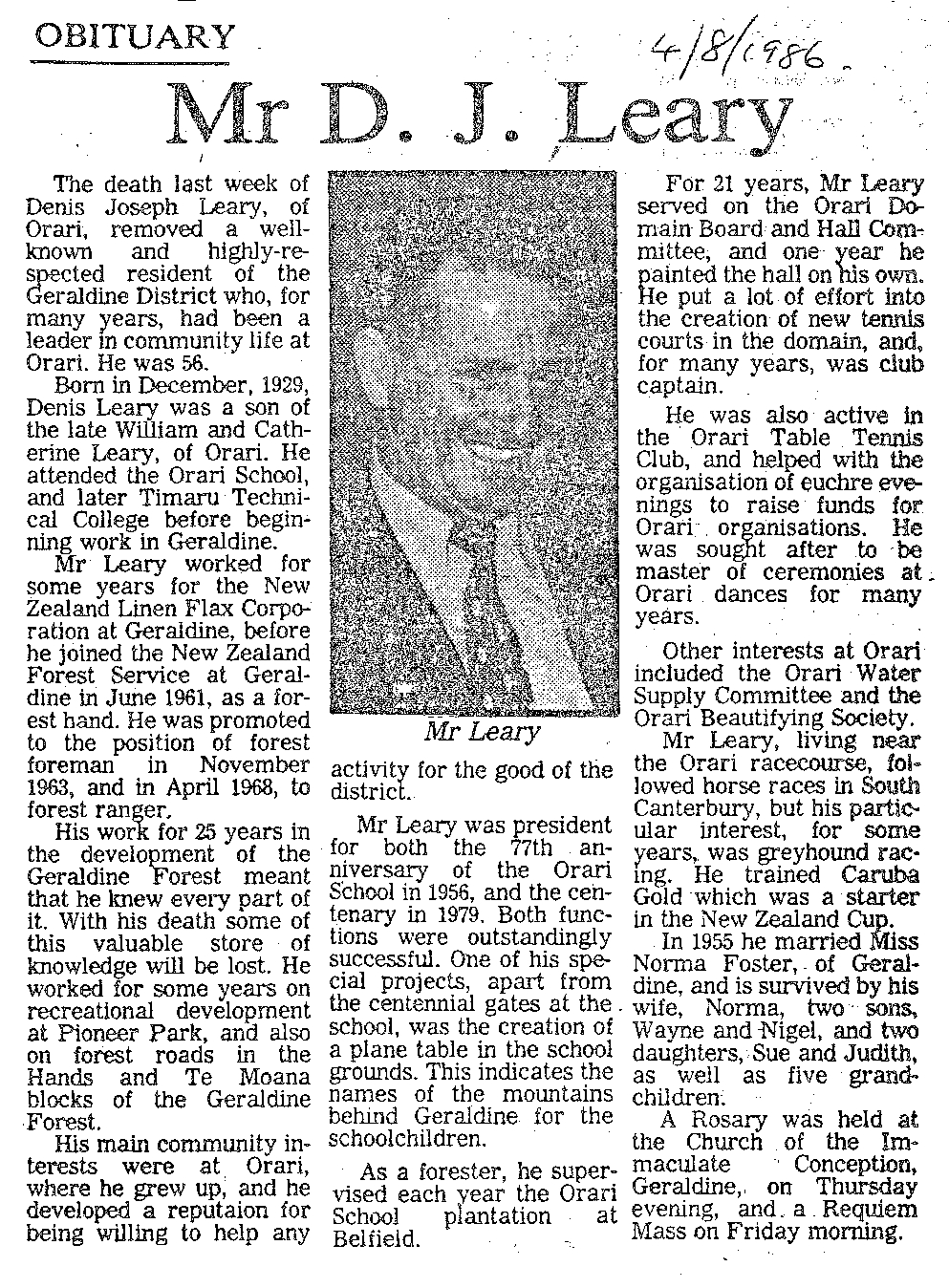 Obituary: Mr D J Leary