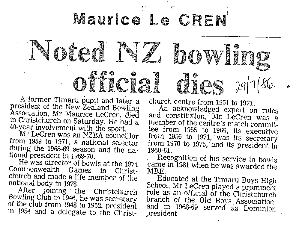 Obituary: Maurice Le Cren, Noted NZ bowling official dies