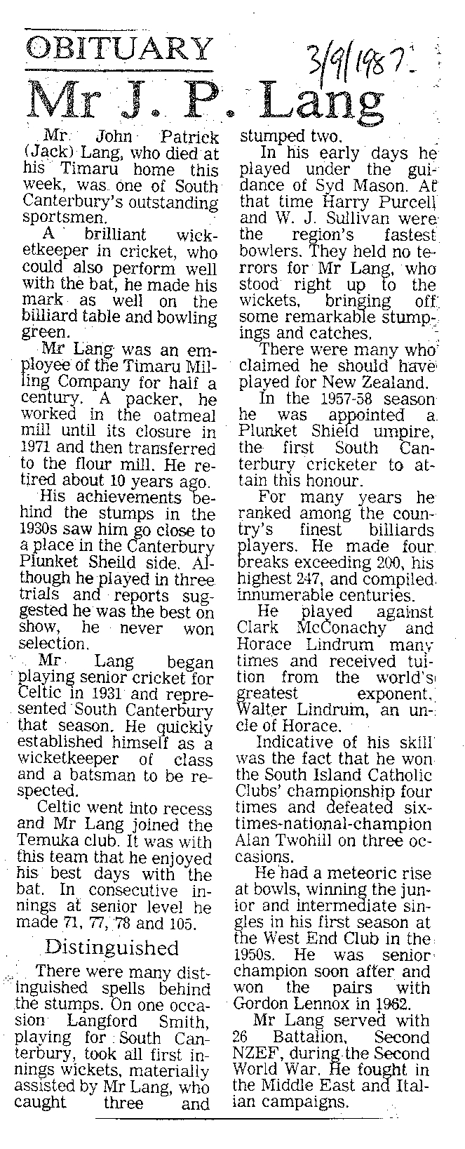 Obituary: Mr J P Lang