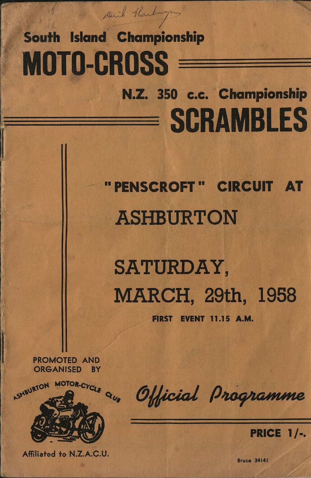 South Island Championship Moto-Cross NZ 350cc Championship Scrambles Programme 1958