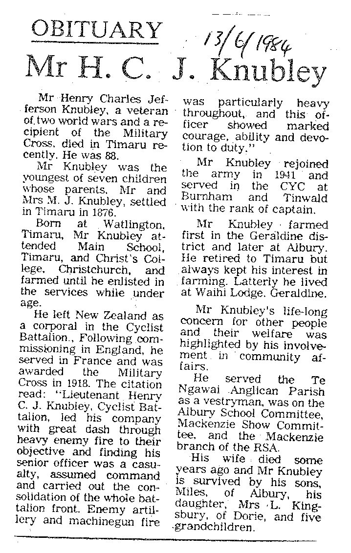 Obituary: Mr H C J Knubley