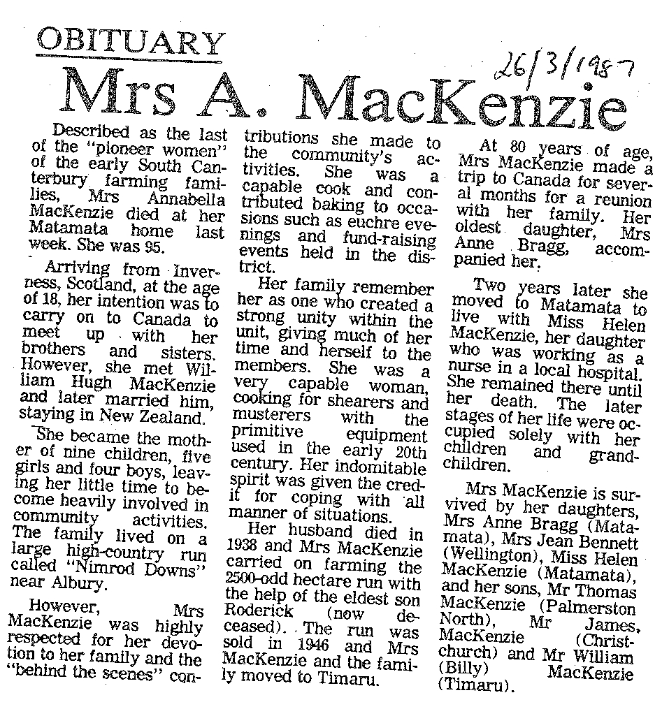 Obituary: Mrs A MacKenzie