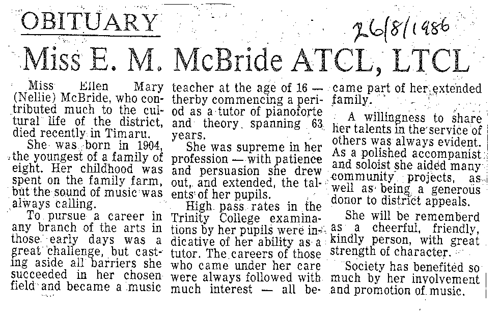 Obituary: Miss E M McBride ATCL, LTCL