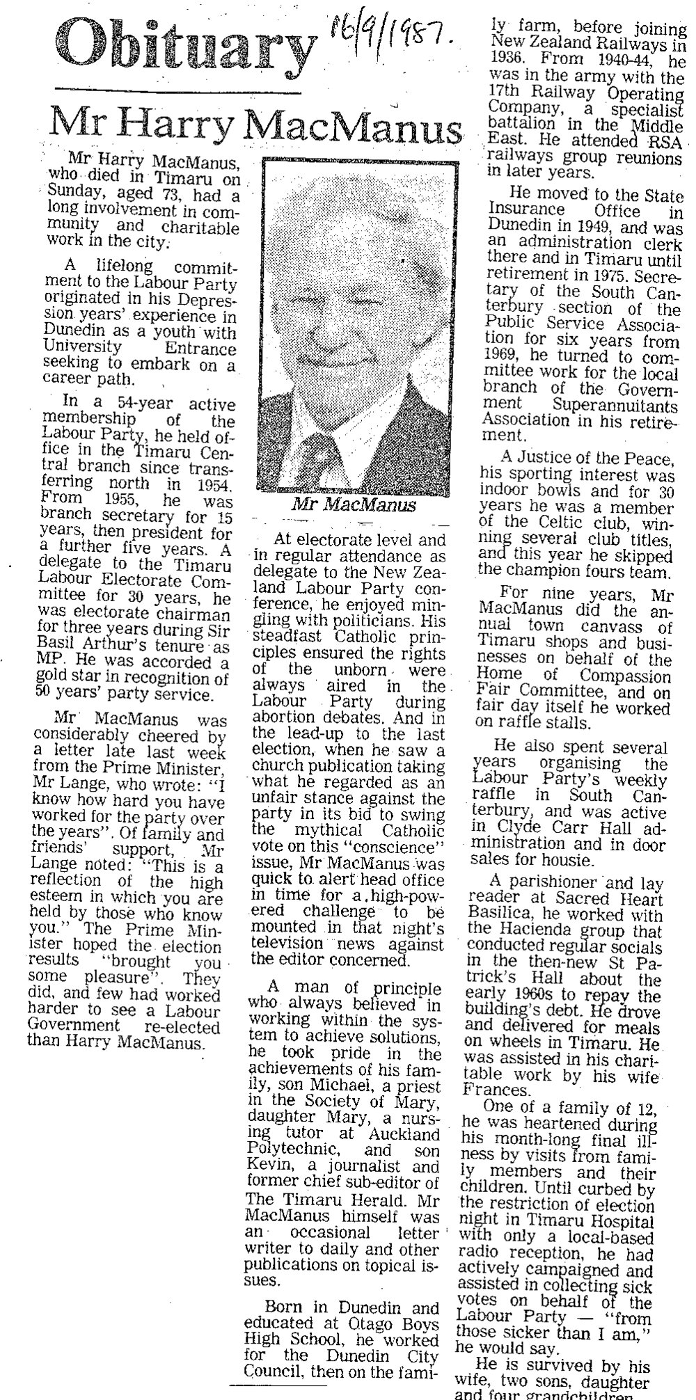 Obituary: Mr Harry MacManus