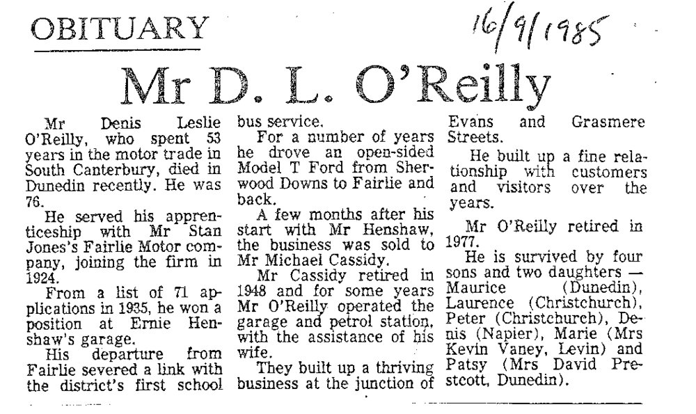 Obituary: Mr D L O'Reilly