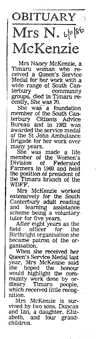 Obituary: Mrs N McKenzie